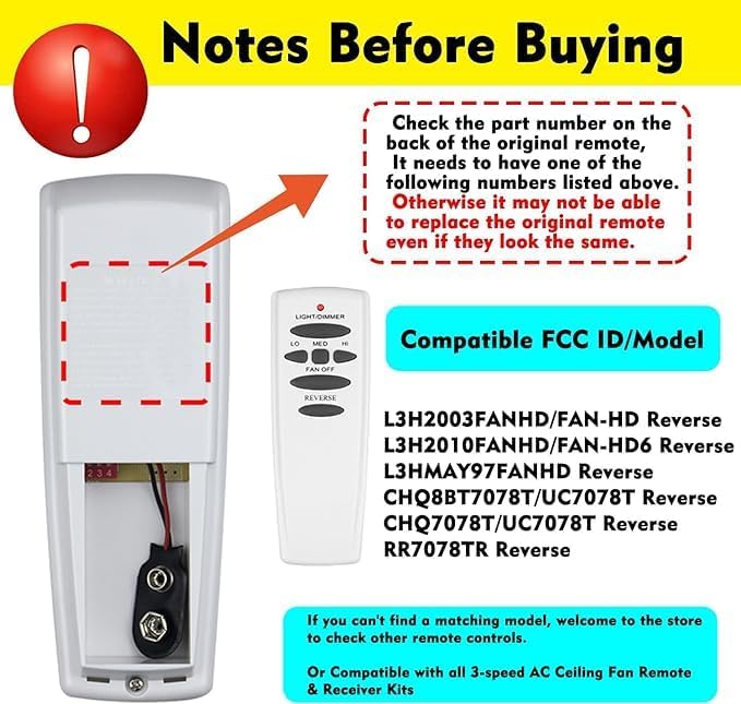 CeilingBreeze Ceiling Fan Remote Replacement - Reverse, 3-Speed & Light Dimmer for Hampton Bay/Hunter/Harbor Breeze 303.9MHz, Wall Mount Included (Compatible with UC7078T/CHQ8BT7078T/CHQ7078T, Remote Only) - Image 3